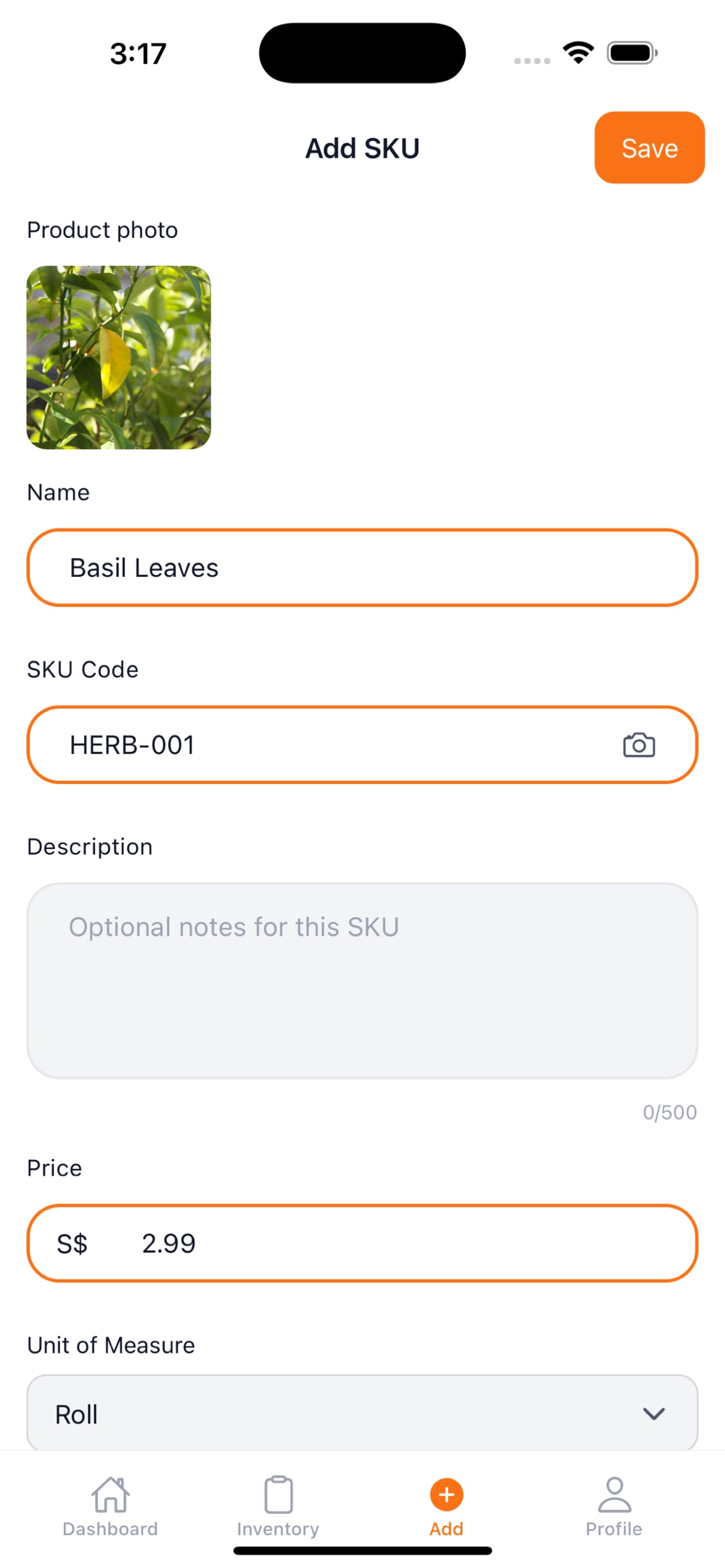 Add SKU screen with product photo, name, barcode field, price, and unit of measure