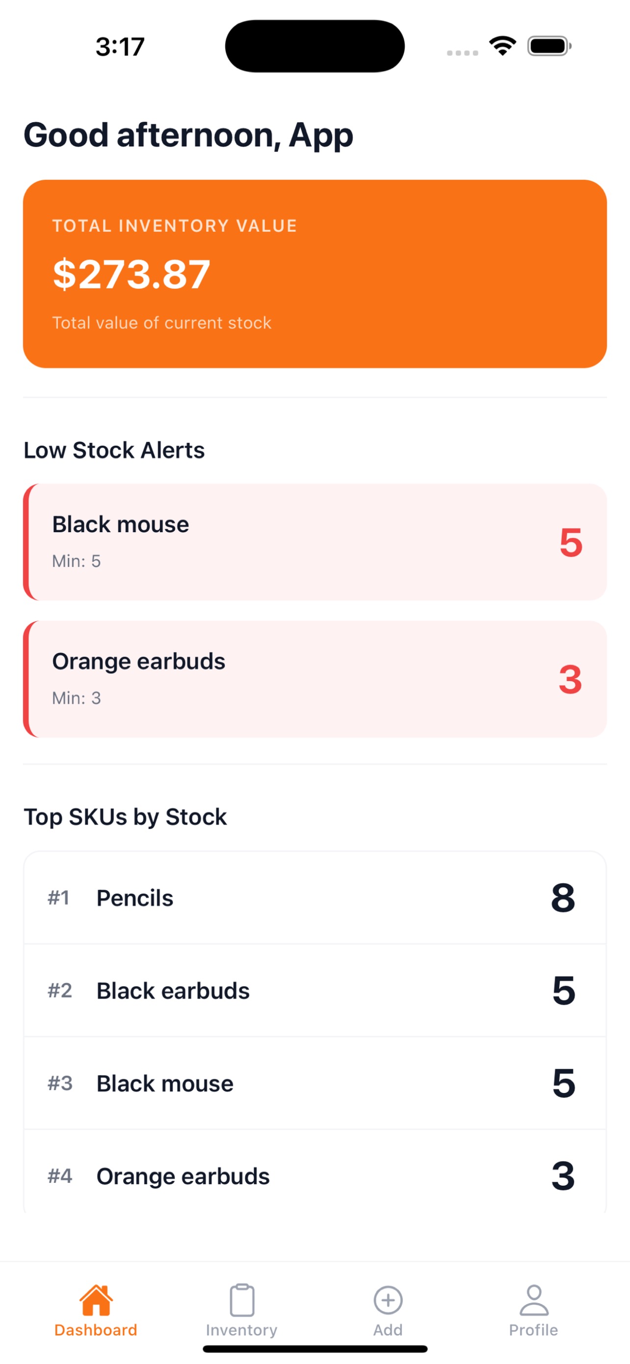Vizory dashboard showing total inventory value, low stock alerts, and top products