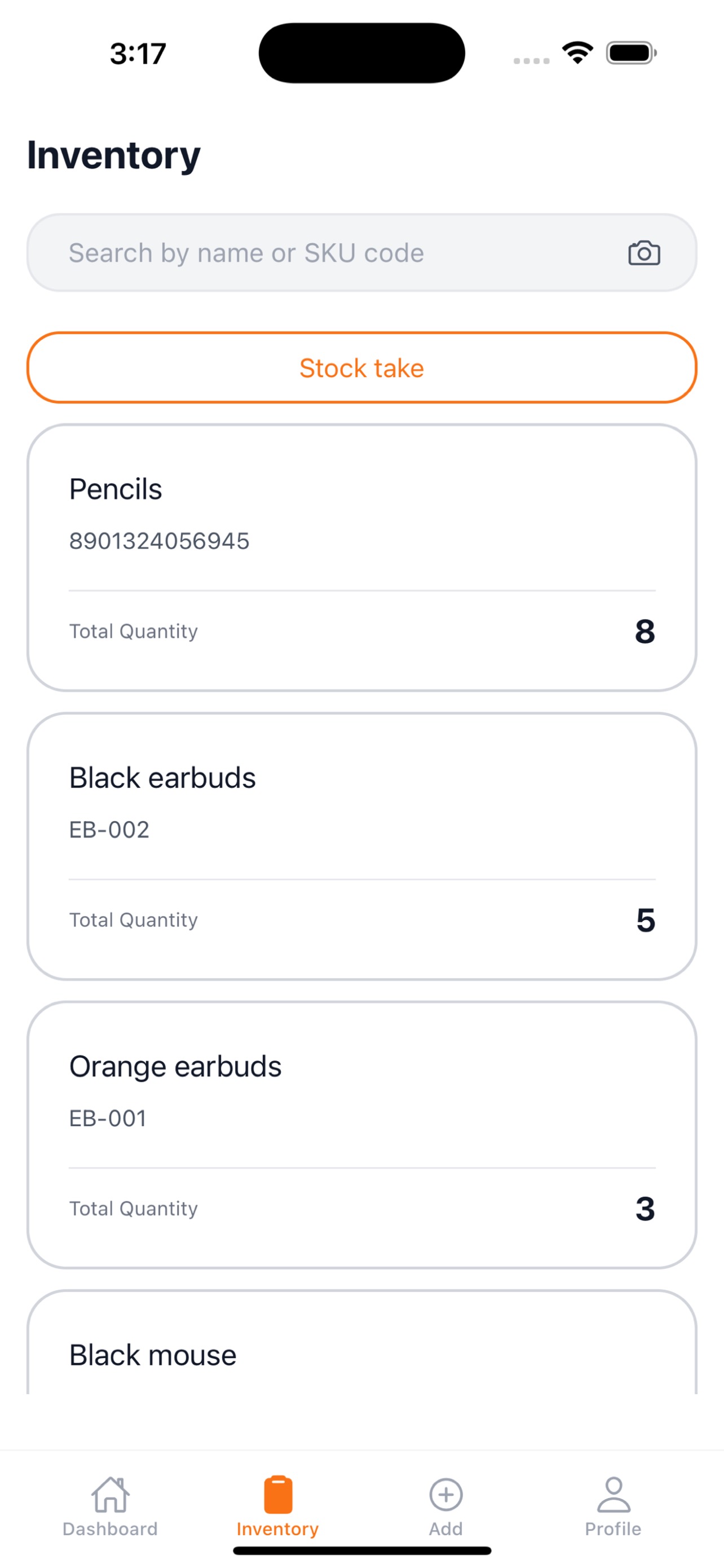 Inventory list with search and barcode scan, plus a stock take action