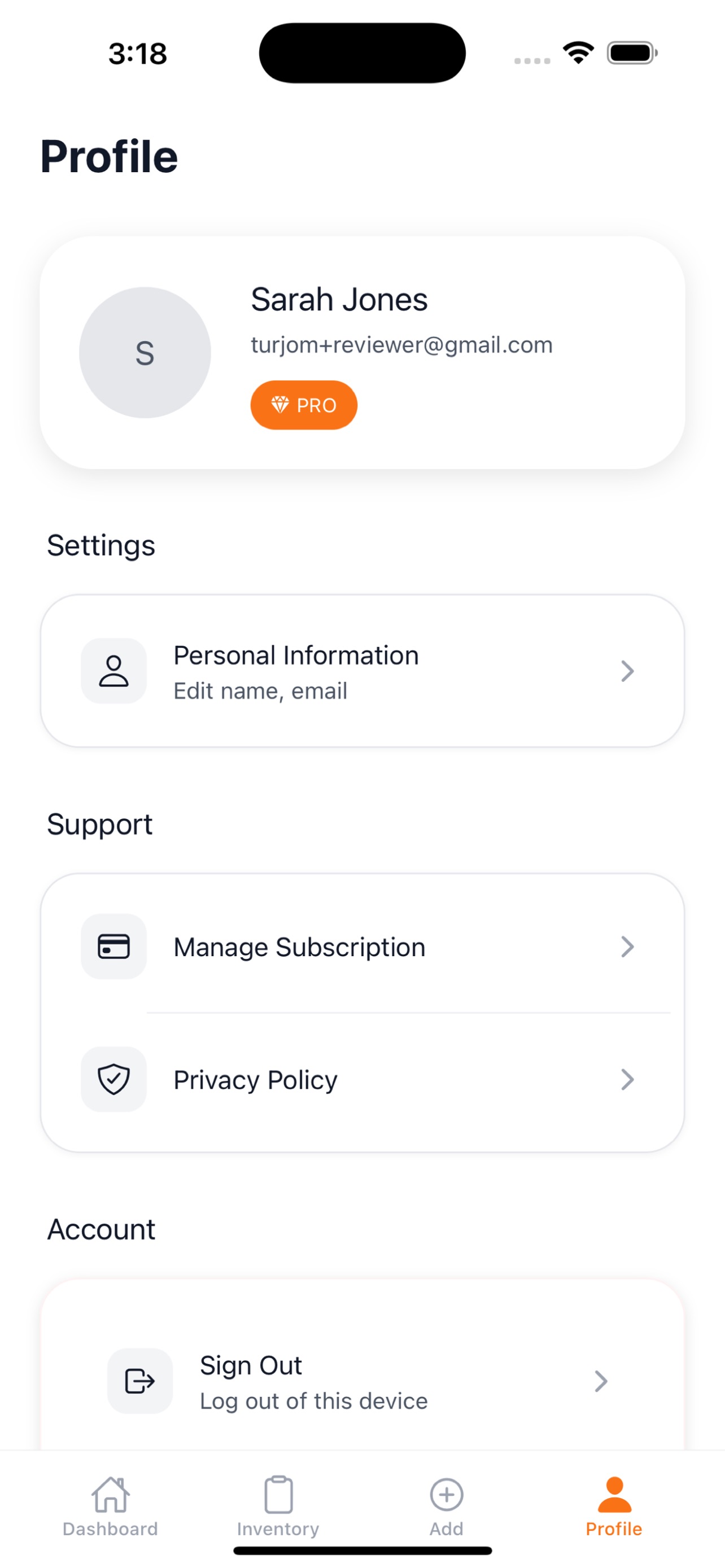 Vizory profile screen showing a Pro subscription