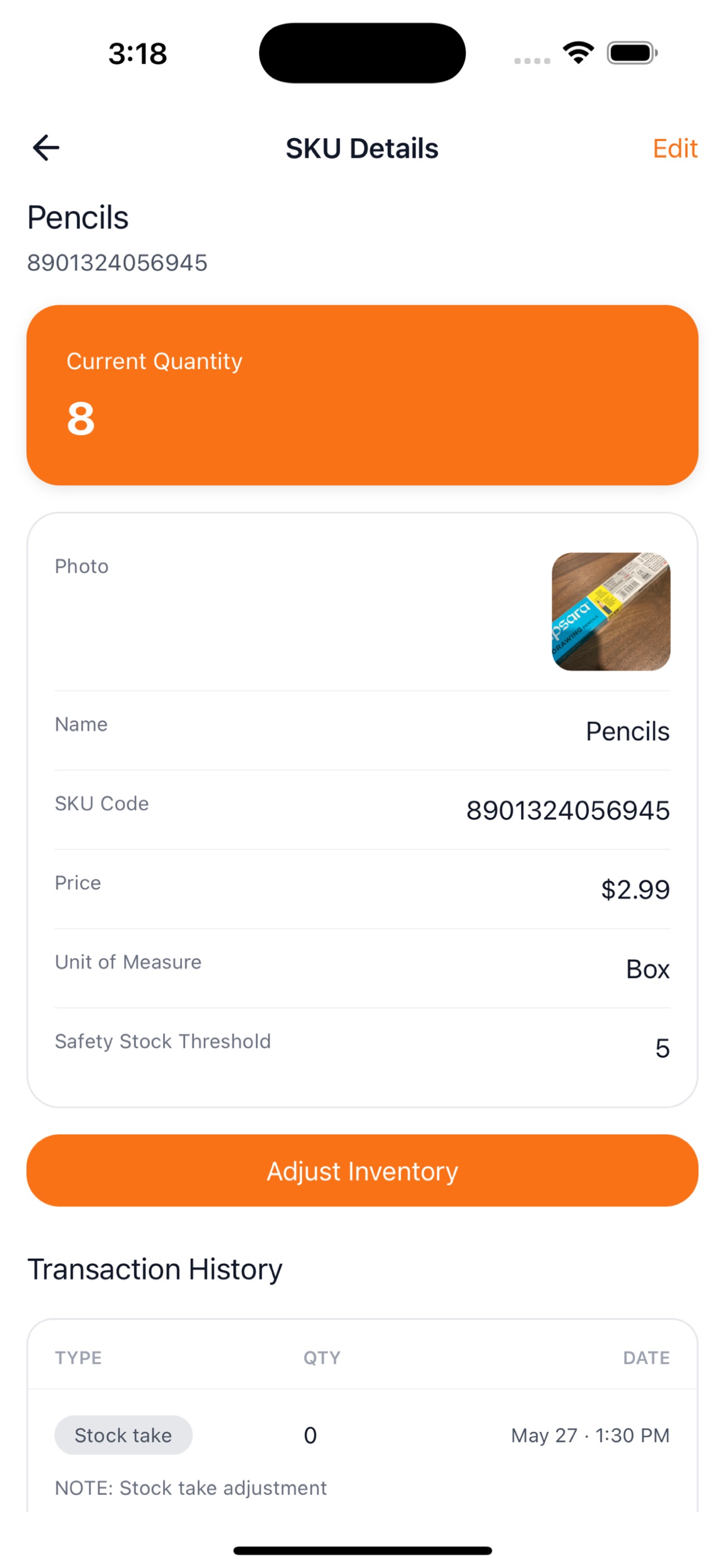 SKU details showing a stock take in the transaction history